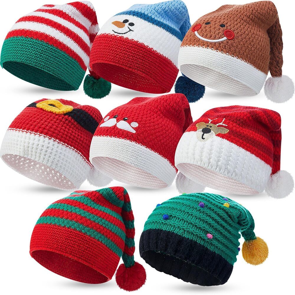 4630 8 Pcs Santa Hats Adult Christmas Winter Knitted Beanie Hats with Pom